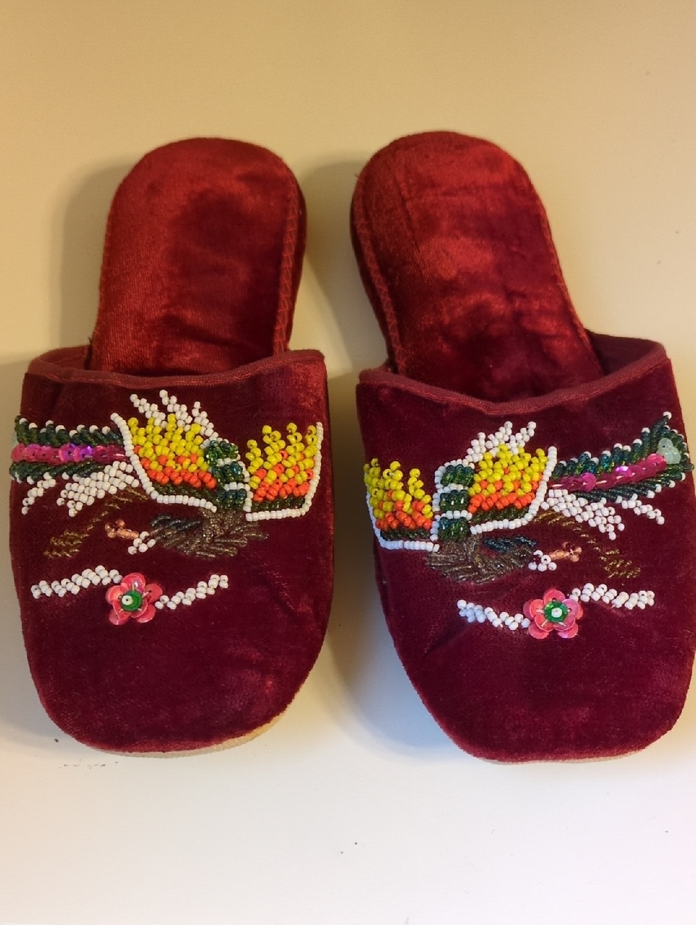 Maroon Velvet Beaded Slip-On Women’s Slippers